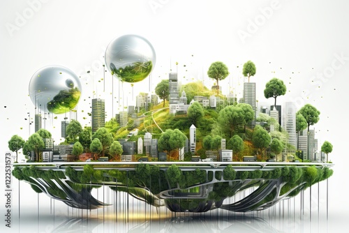Green eco smart city illustration, futuristic town in blue, white and green colors. Ecological megapolis with smart technologies