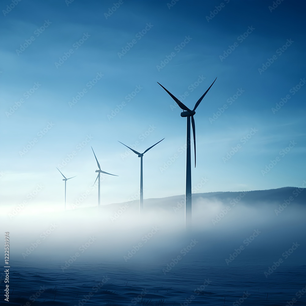 Fototapeta premium Wind Turbines Silhouetted Against Foggy Blue Sky at Sunrise