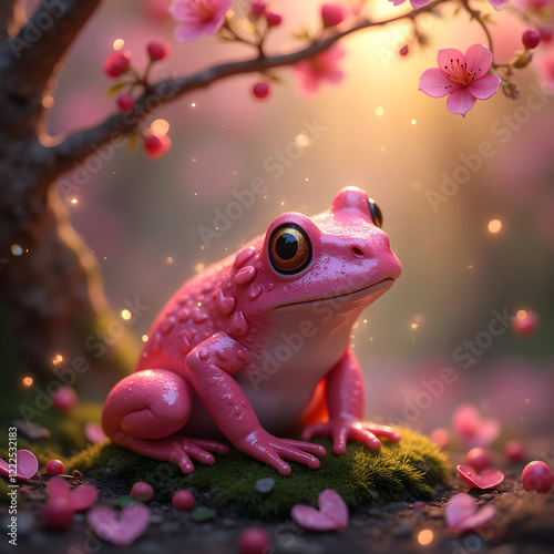 Obraz na płótnie Enchanted Pink Frog Among Blossoms, valentine's card w salonie