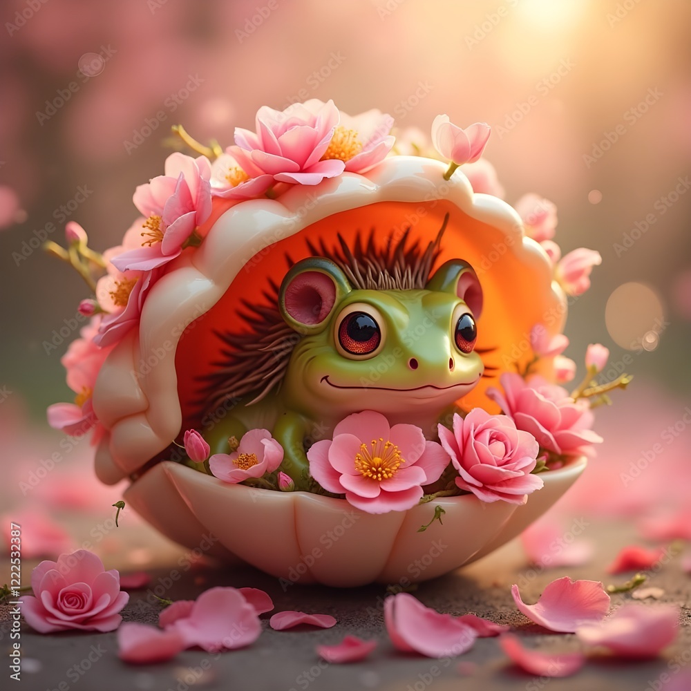 frog in a shell, surrounded by flowers, Valentine's Day card