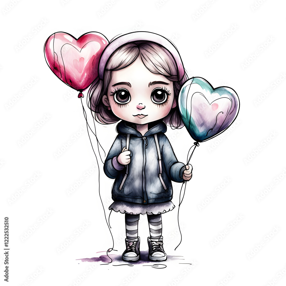 Little Girl with Heart Balloons, Valentine's card