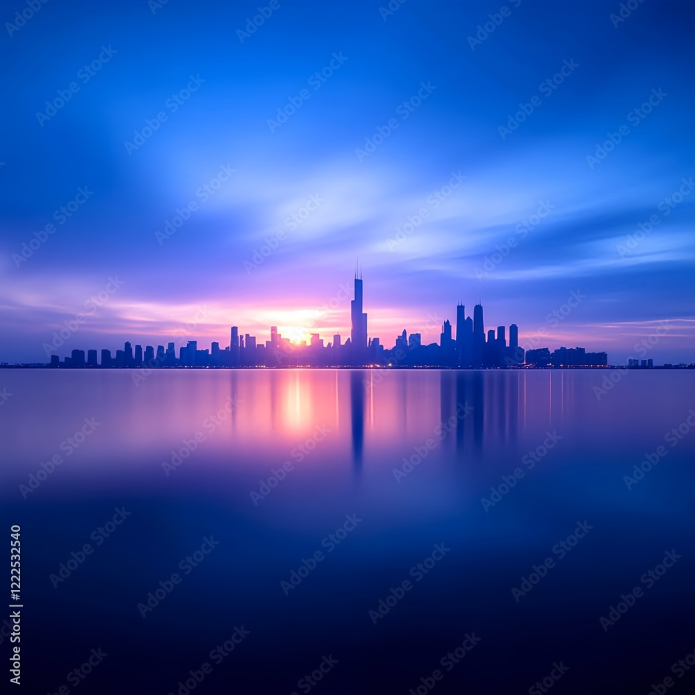 Serene Sunset Over Urban Skyline Reflected in Calm Water Serene Sunset Over Urban Skyline Reflected in Calm Water