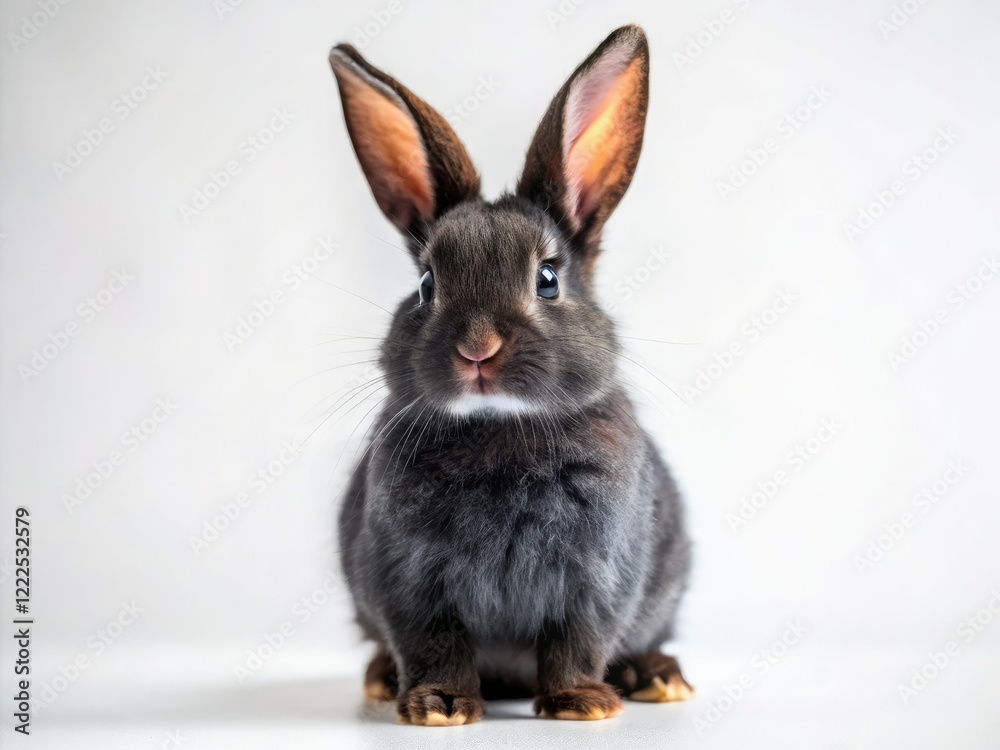 Obraz premium Adorable black bunny, minimalist style. White backdrop showcases its tiny charm. Perfect pet portrait.