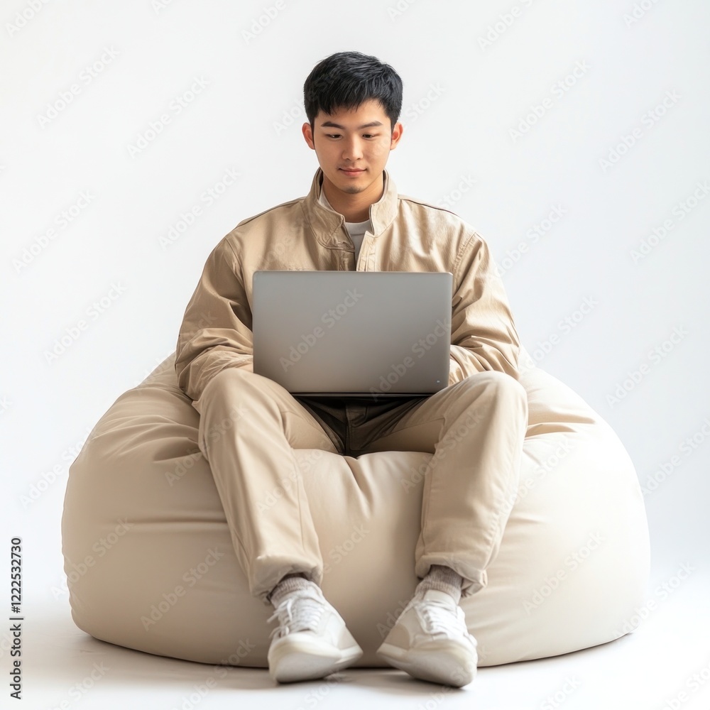 Asian man sitting on beanbag laptop working electronics.