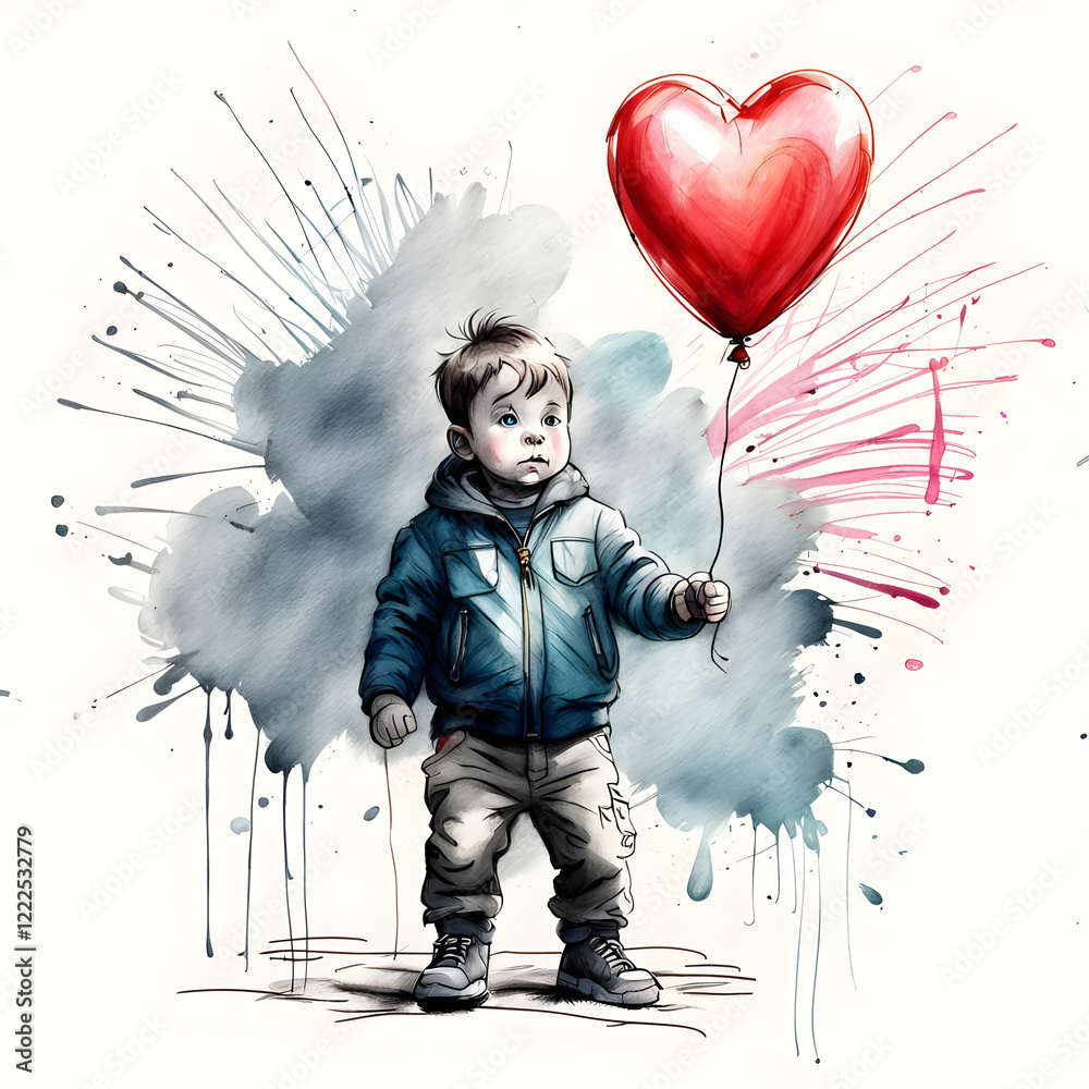 Child with Heart Balloon, Valentine's card