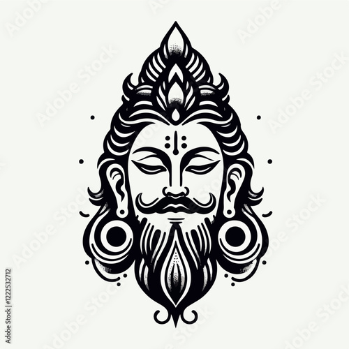 Shiva Portrait: A detailed line art illustration depicting the serene face of Shiva, the Hindu deity. The intricate details, including his flowing beard, third eye, and traditional headgear.