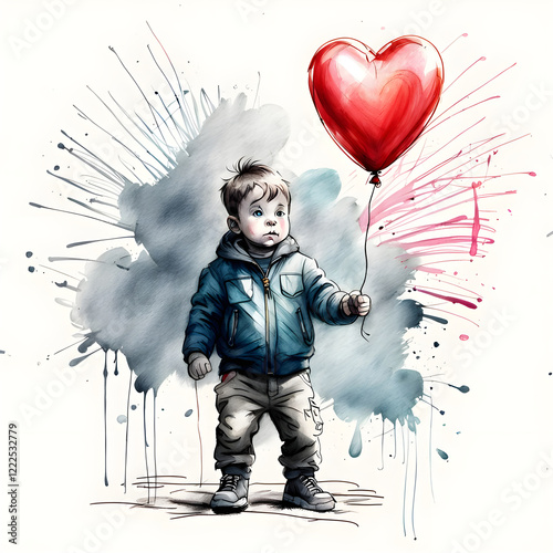 Obraz na płótnie Child with Heart Balloon, Valentine's card w salonie
