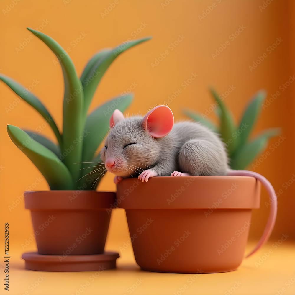 Sleeping Mouse in a Plant Pot