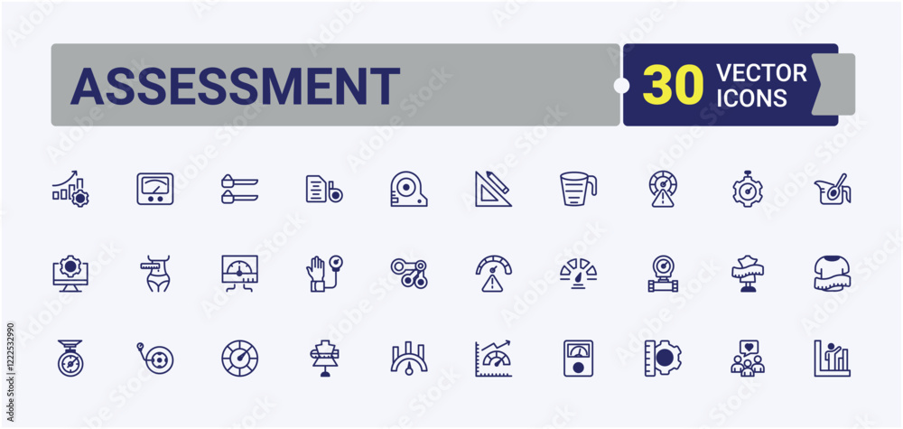 Assessment line icons set. Icons weight, Measurement, calibration weights, ruler, distance, measuring and more. Pixel perfect. Editable vector outline and solid icons. Assessment line icons set. Icons weight, Measurement, calibration weights, ruler, distance, measuring and more. Pixel perfect. Editable vector outline and solid icons.