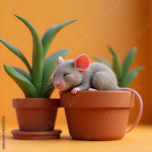Obraz na płótnie Sleeping Mouse in a Plant Pot w salonie
