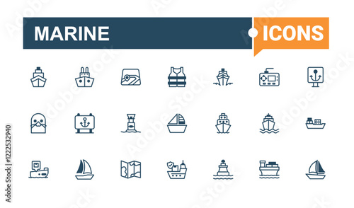 Marine icons set. Containing wave, logistic, water, radar, wheel, shipping, lighthouse and more. Simple icon designs. Vector line and solid icons.