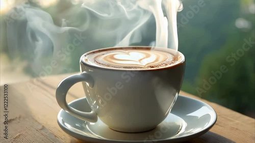 White coffee cup with a heart-shaped foam design on top