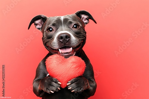 Cute staffordshire bull terrier dog with fluffy red heart - symbol of love, funny greeting card. Commercial creative. Staffordshire bull terrier - my desired dog. February 14 dog photos. photo