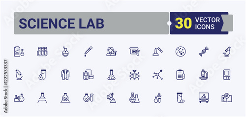 Science Lab icon set. Includes icons for bulb, Laboratory, scientific, equipment, ui, education and more. Simple icon designs. Solid line editable vector illustration.