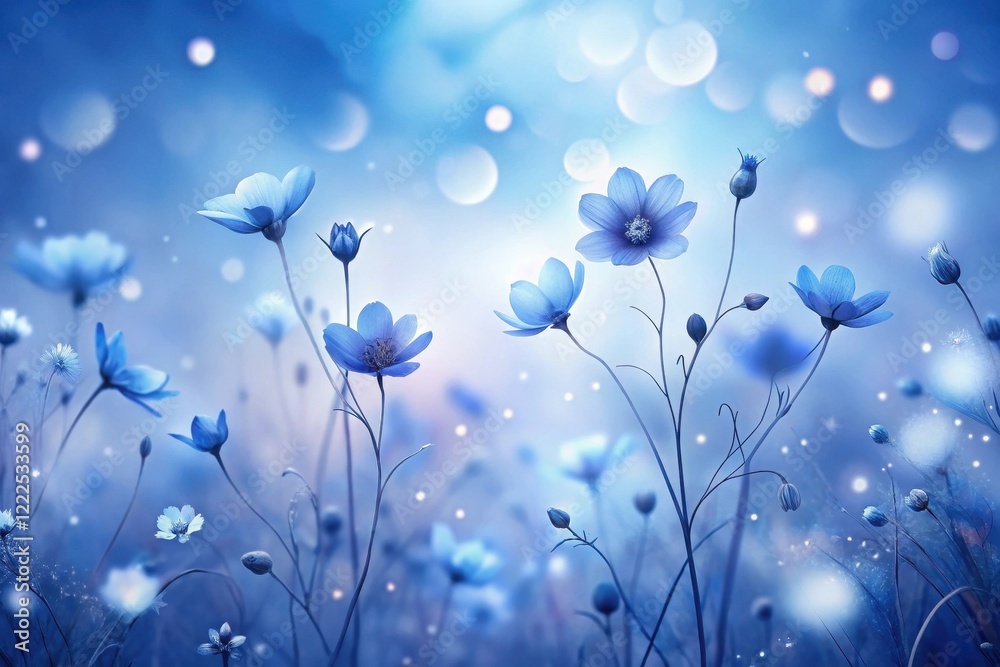 Obraz premium Serene Blue Flowers in a Dreamlike Meadow, Illuminated by Soft, Magical Light