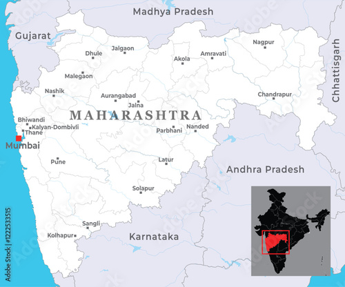 Maharashtra district map with capital Mumbai, marked most important cities, state of India