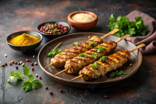 Grilled skewers of marinated meat, garnished with fresh herbs and spices on a rustic plate