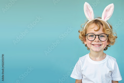 Happy little boy in headband with bunny ears and eyeglasses, on a blue background. Easter ophtalmologist background. Easter opthalmologyical concept. Easter medical concept. Copyspace