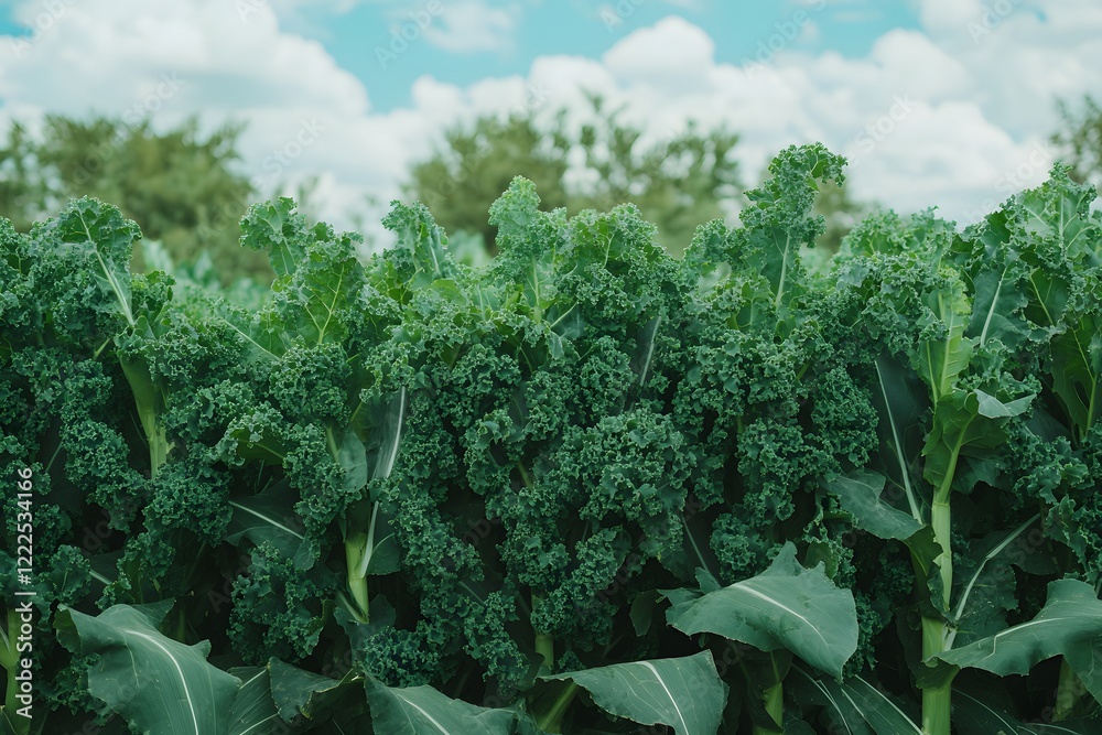 Fototapeta premium Lush Green Kale Field Under Sunny Sky, Vibrant Organic Kale Leaves