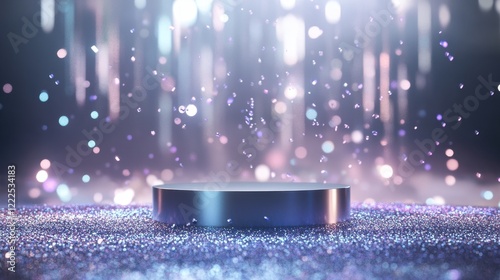Elegant Silver Product Display Platform with Falling Confetti and Blurred Bokeh Lights, 3D Rendering.