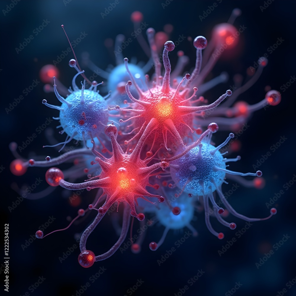 A virus-like microscopic structures with glowing red and blue elements, surrounded by tiny spherical particles, set against a deep, dark background