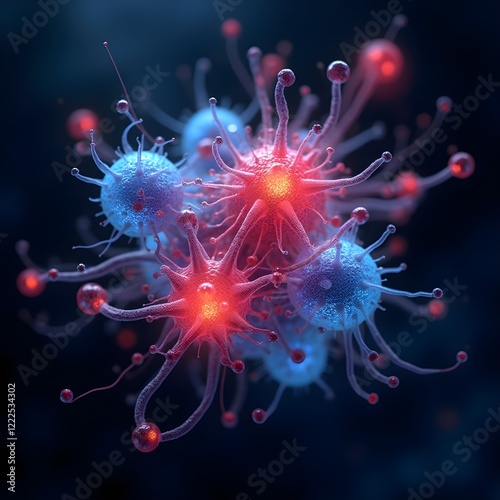 Obraz na płótnie A virus-like microscopic structures with glowing red and blue elements, surrounded by tiny spherical particles, set against a deep, dark background w salonie