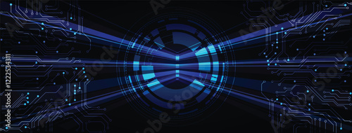 Circuit board, glowing blue lines, cyber texture, electric maze, microchip design, technological wallpaper, neon traces, high-tech grid dark background