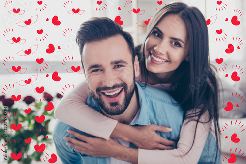 Close up photo of cheerful excited glad careless happy with toothy beaming smile brunette attractive woman and with stylish hairdo man, she is hugging him from the back photo