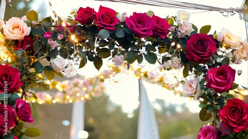 Decorative archway of red and pink roses softly lit with glowing string lights