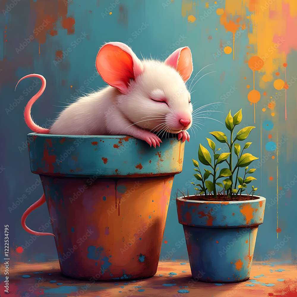 Sleepy Mouse in a Flower Pot