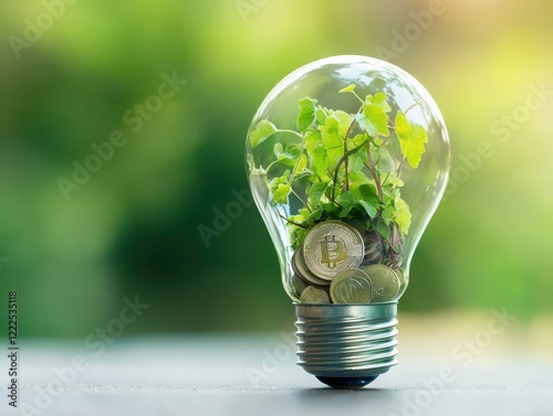 startup investment growth ecosystem concept. Light bulb with plants and coins symbolizing sustainable finance.