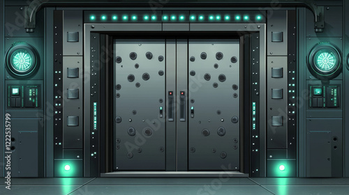 Fototapeta Naklejka Na Ścianę i Meble -  Futuristic interior with metal doors in spaceship, secret laboratory or bunker. Vector realistic background of lab or shuttle hall with closed steel sliding gates and green lamps