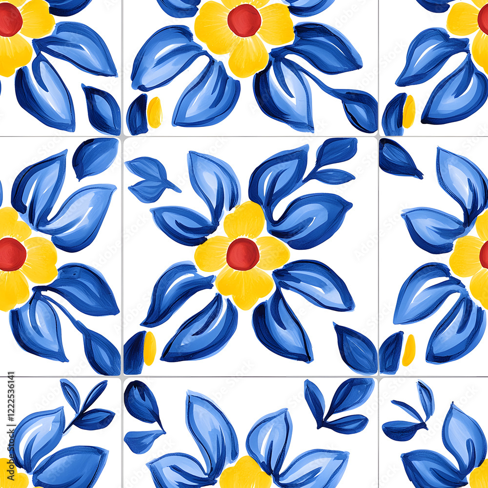 Fototapeta premium Rustic blue and yellow tile watercolor seamless pattern. Pattern of azulejos tiles 