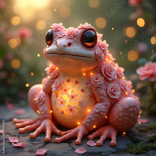 Obraz na płótnie red eyed tree frog covered in roses, Valentine's Day card w salonie