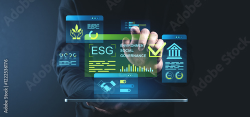 ESG concept with holographic elements for environmental, social, and governance strategies on a futuristic tablet interface.