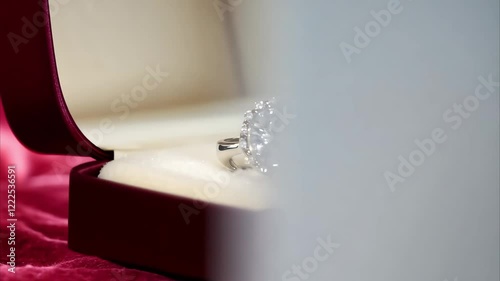 Small red velvet box with an engagement ring inside