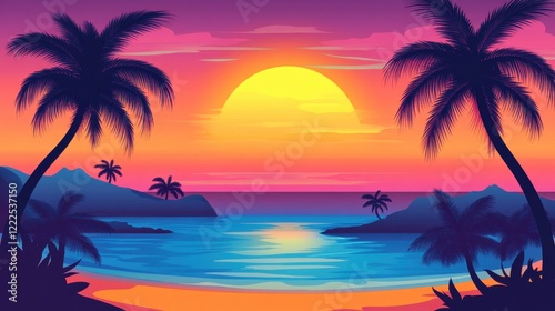 Retro Tropical Sunset Vector Illustration with Palm Trees, Ocean, and Vibrant Colors.