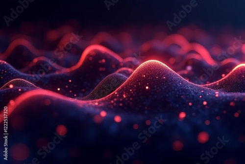 A vibrant, abstract representation of waves illuminated in red and blue, showcasing a dynamic texture filled with glowing particles.