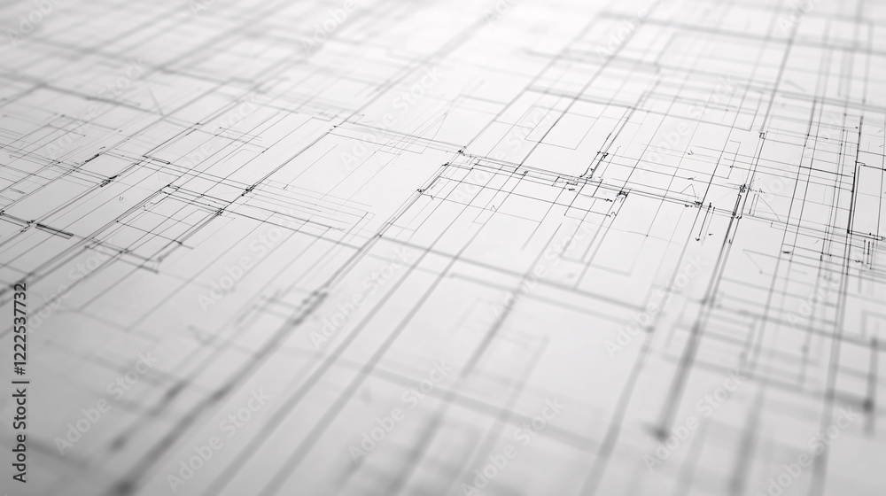 Abstract technical blueprint with fine black lines on a white background creating a geometric architectural and engineering design concept
