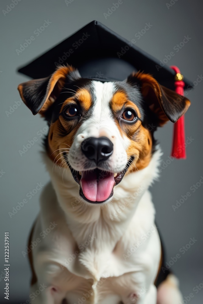 Grad cap perched on Jack Russell's head; smiling , adorable, diploma Grad cap perched on Jack Russell's head; smiling , adorable, diploma