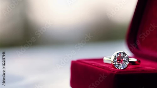 Small red velvet box with an engagement ring inside