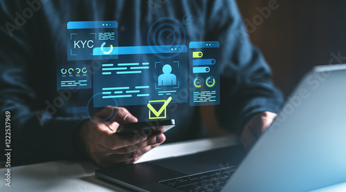 Digital KYC verification concept with checklist on transparent interface. photo