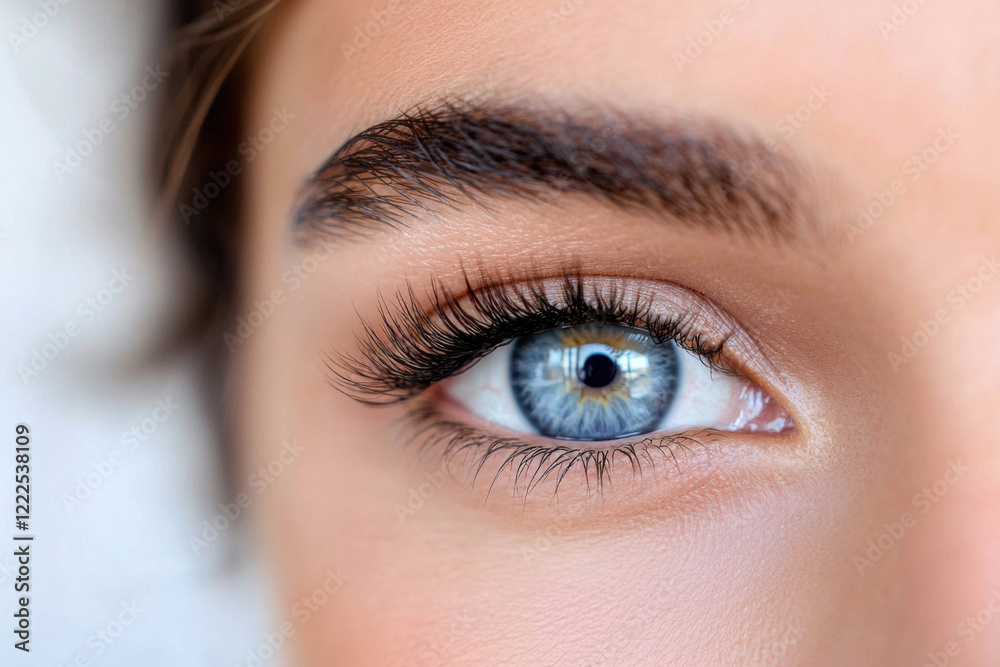 Obraz premium A close-up of a beautiful woman's eye showcasing vivid blue colors and long lashes.