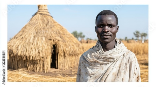 A young man dressed in light attire poses confidently in front of a straw hut surrounded by golden fields under a clear blue sky, reflecting rural life and culture