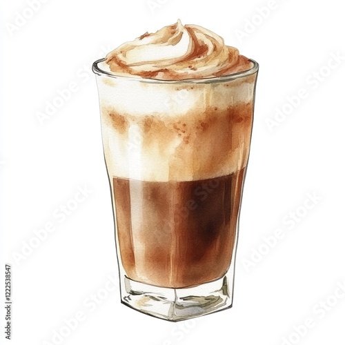 Watercolor macchiato on white background. Perfect idea for restaurants, cafes, cocktail guides, and recipe books, holidays, parties, and beverage branding projects