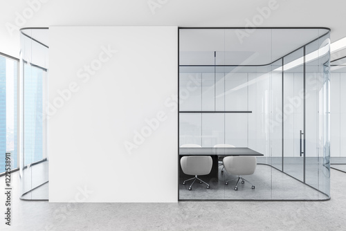 Modern office interior with glass-walled meeting room and minimalist design. 3D Rendering photo