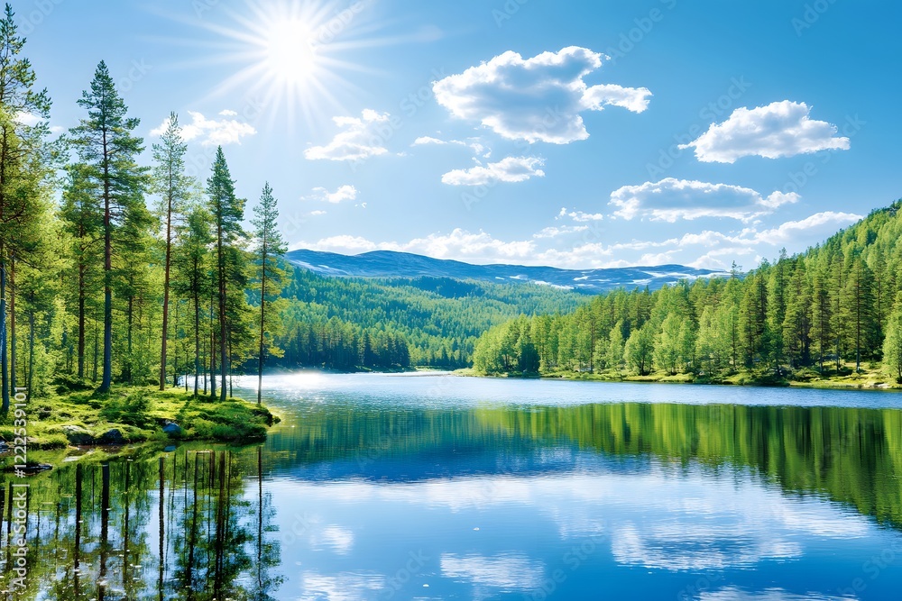 Obraz premium Serene Mountain Lake Landscape with Lush Green Forest