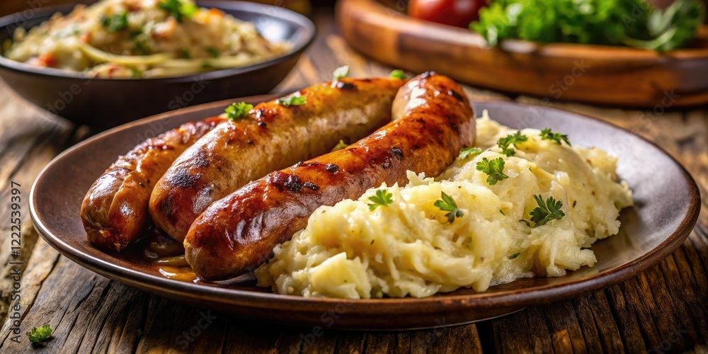 Close-up: Nuremberg sausage, creamy mash, tangy sauerkraut. Authentic German flavors. Close-up: Nuremberg sausage, creamy mash, tangy sauerkraut. Authentic German flavors.