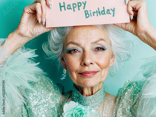 Generated imageAn elderly woman holding a birthday banner in a cozy setting, radiating warmth and happiness. Perfect for cheerful birthday themes or senior celebrations photo