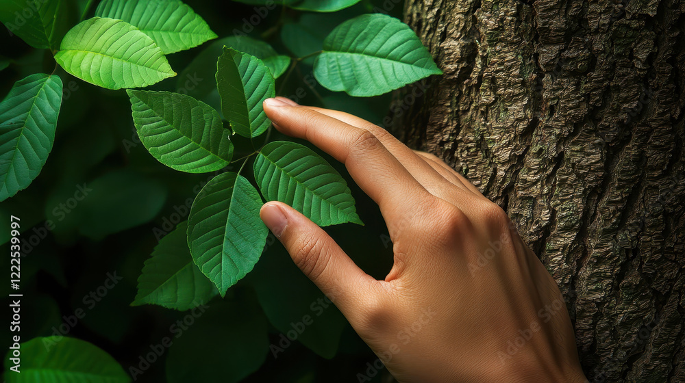 A hand gently touches vibrant green leaves on a tree trunk, symbolizing nature's beauty. A hand gently touches vibrant green leaves on a tree trunk, symbolizing nature's beauty.